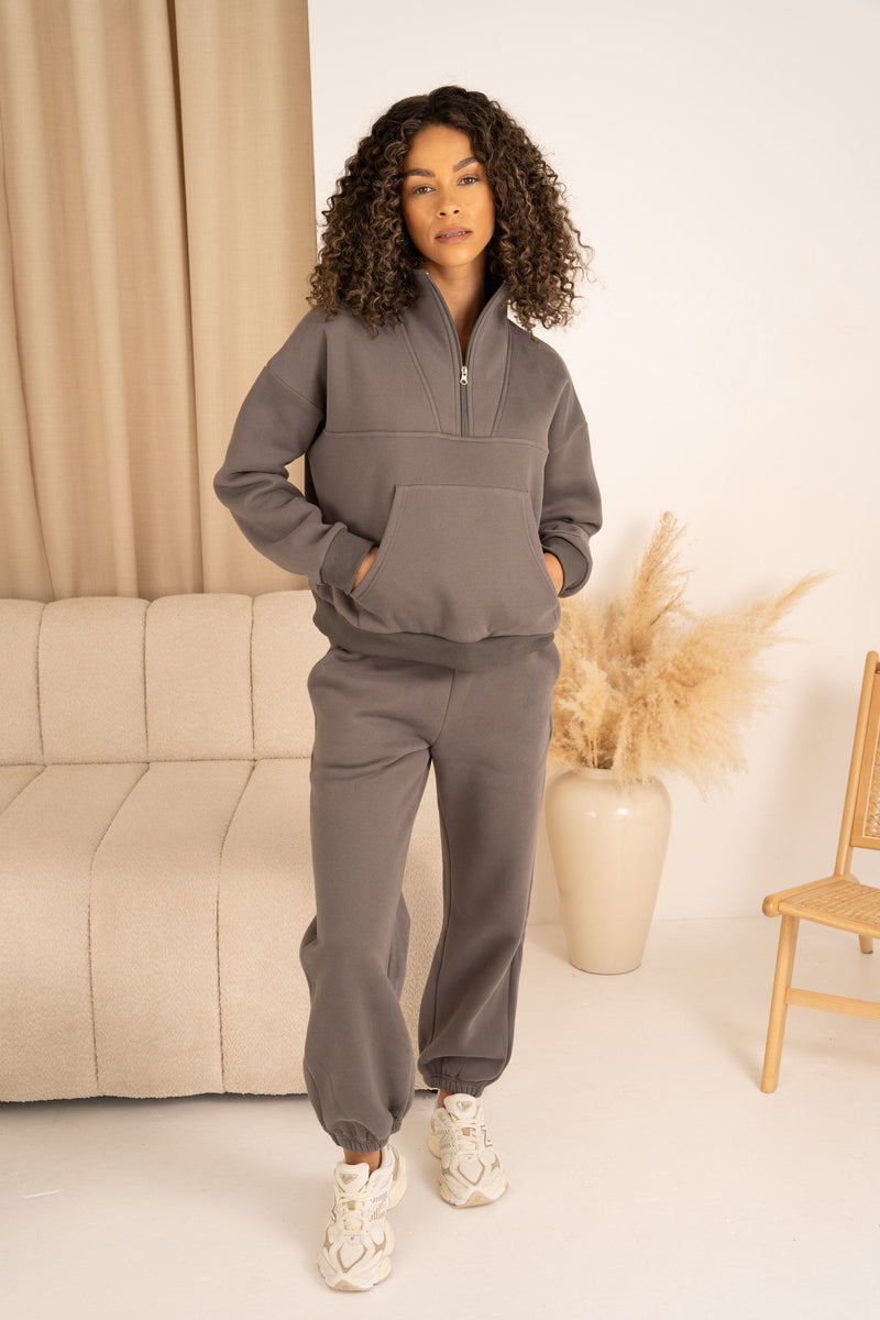 Nevaeh Quarter Zip Set Joggers - Charcoal